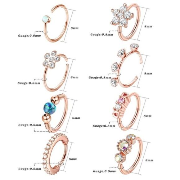 20G 316L Stainless Steel Rose Gold and Cubic Zirconia Nose Hoop Rings - Set of 8 - Picture 6 of 6